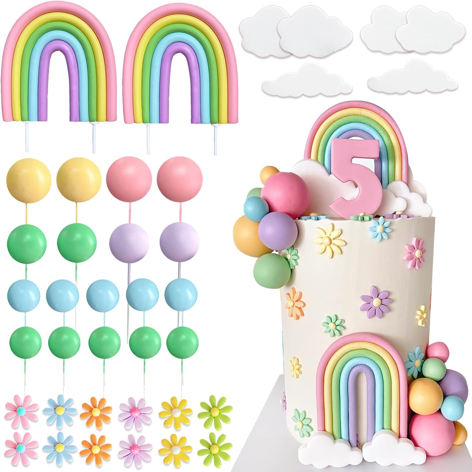 UFROMSKY-38Pcs-Rainbow-Cake-Topper-Boho-Groovy-Hippie-Cake-Decorations-Pastel-Balls-Flower-Toppers-818