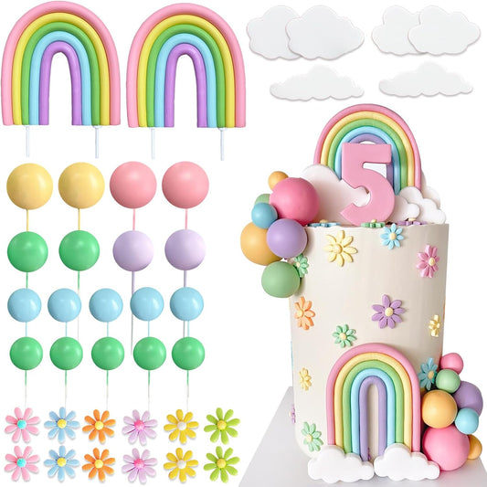UFROMSKY-38Pcs-Rainbow-Cake-Topper-Boho-Groovy-Hippie-Cake-Decorations-Pastel-Balls-Flower-Toppers-818