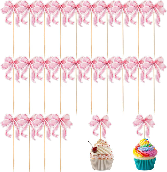24pcs-Pink-Bow-Cupcake-Toppers,-Paper-Bowknot-583