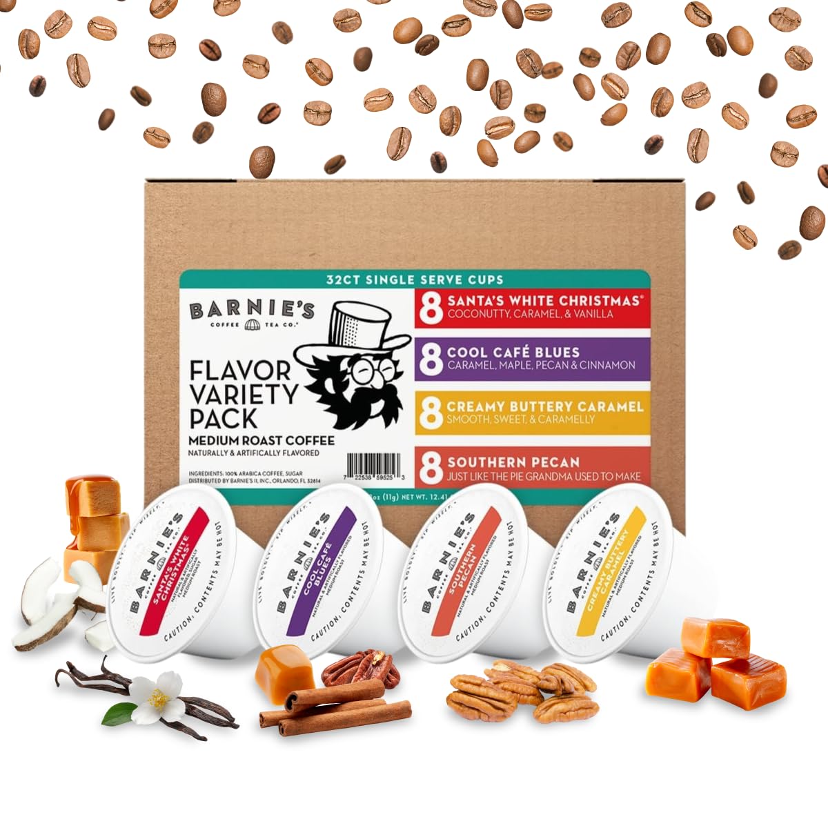 Barnie's-Coffee-Pods-with-Santa's-White-Christmas,-Southern-Pecan,-Creamy-Buttery-Caramel,-and-1487