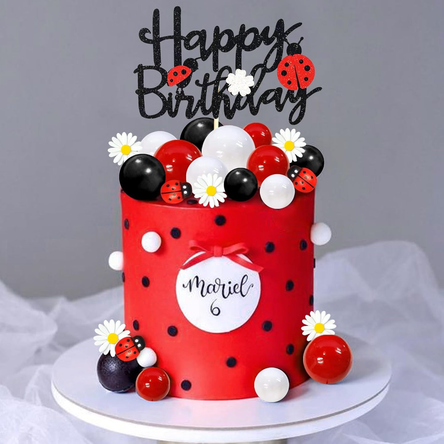 DRWATE-Ladybug-Cake-Topper-Red-Black-Ball-2306