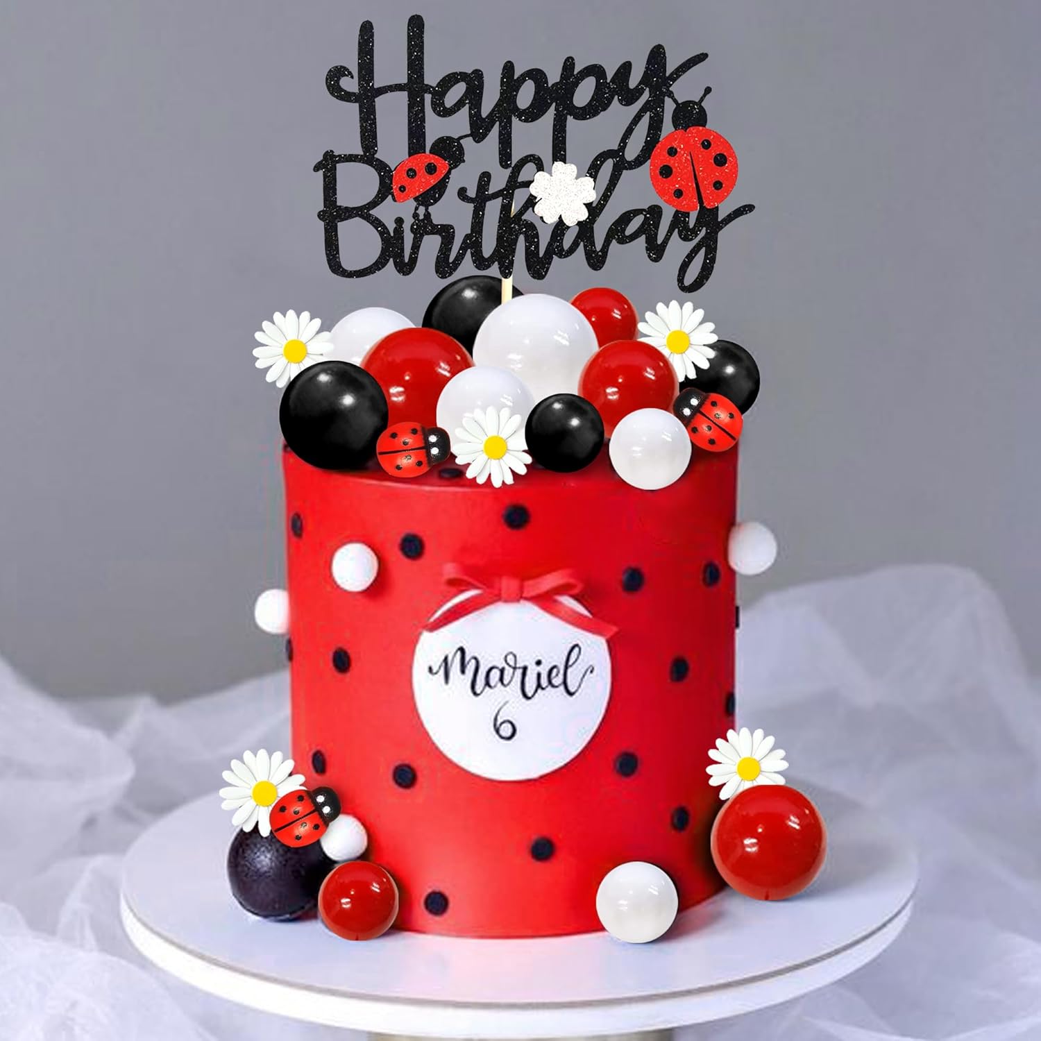 DRWATE-Ladybug-Cake-Topper-Red-Black-Ball-2306
