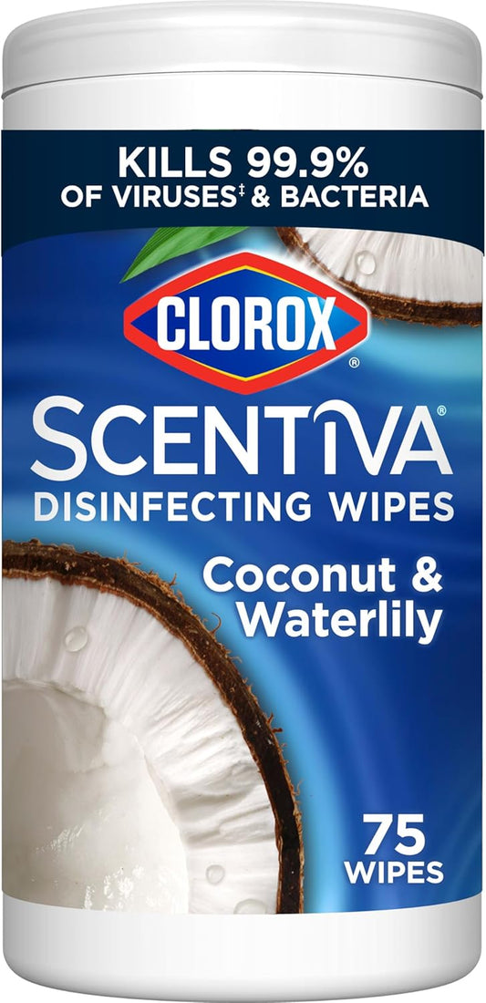Clorox-Scentiva-Disinfecting-Wipes,-Coconut-and-Waterlily,-Antibacterial,-75-Count-----------1999