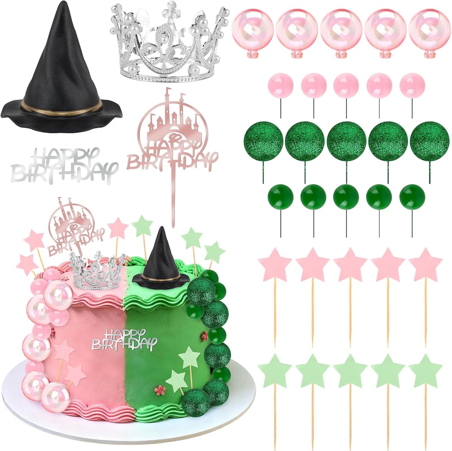 33-Pieces-Pink-and-Green-Cake-Decorations-with-Mini-Black-Witch-Hat,-Crown,-Happy-963