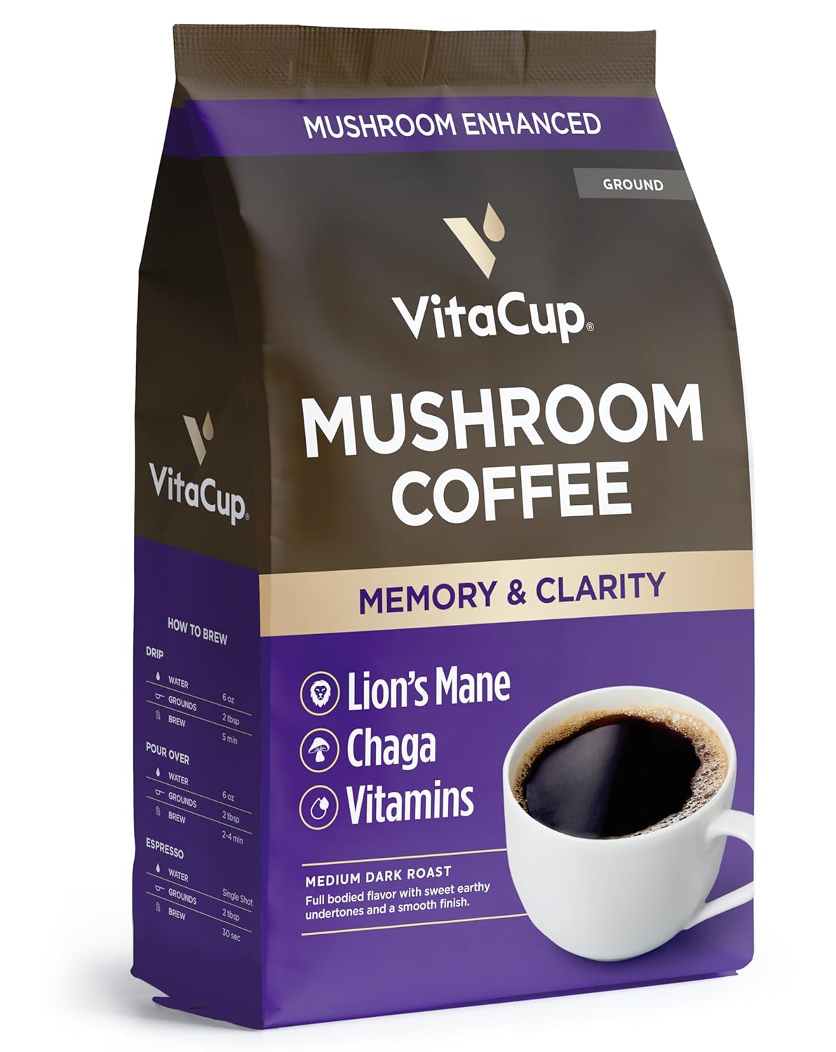 VitaCup-Mushroom-Coffee-Grounds,-with-Lions-Mane,-Chaga,-B-Vitamins,-D3,-Boost-Focus,-2922