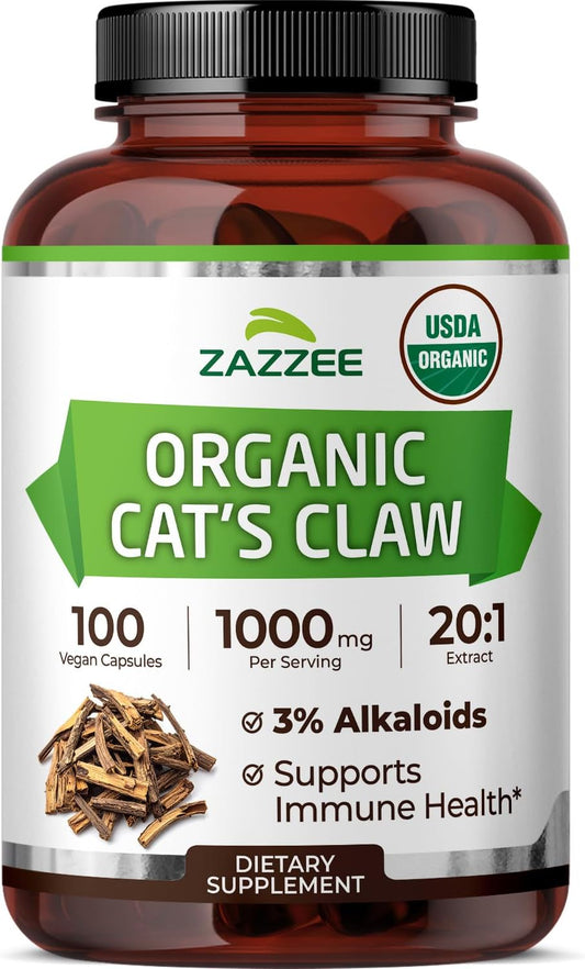 Zazzee-USDA-Organic-Cat’s-Claw-0.834027777777778-Extract,-0.03-Alkaloids,-100-Capsules-|-1000-1396
