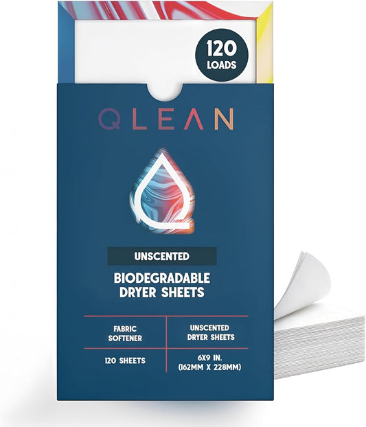 QLEAN-Dryer-Sheets-Unscented-(120-Loads)-–-Biodegradable-Fragrance-Free-Fabric-Softener-Sheets,-116