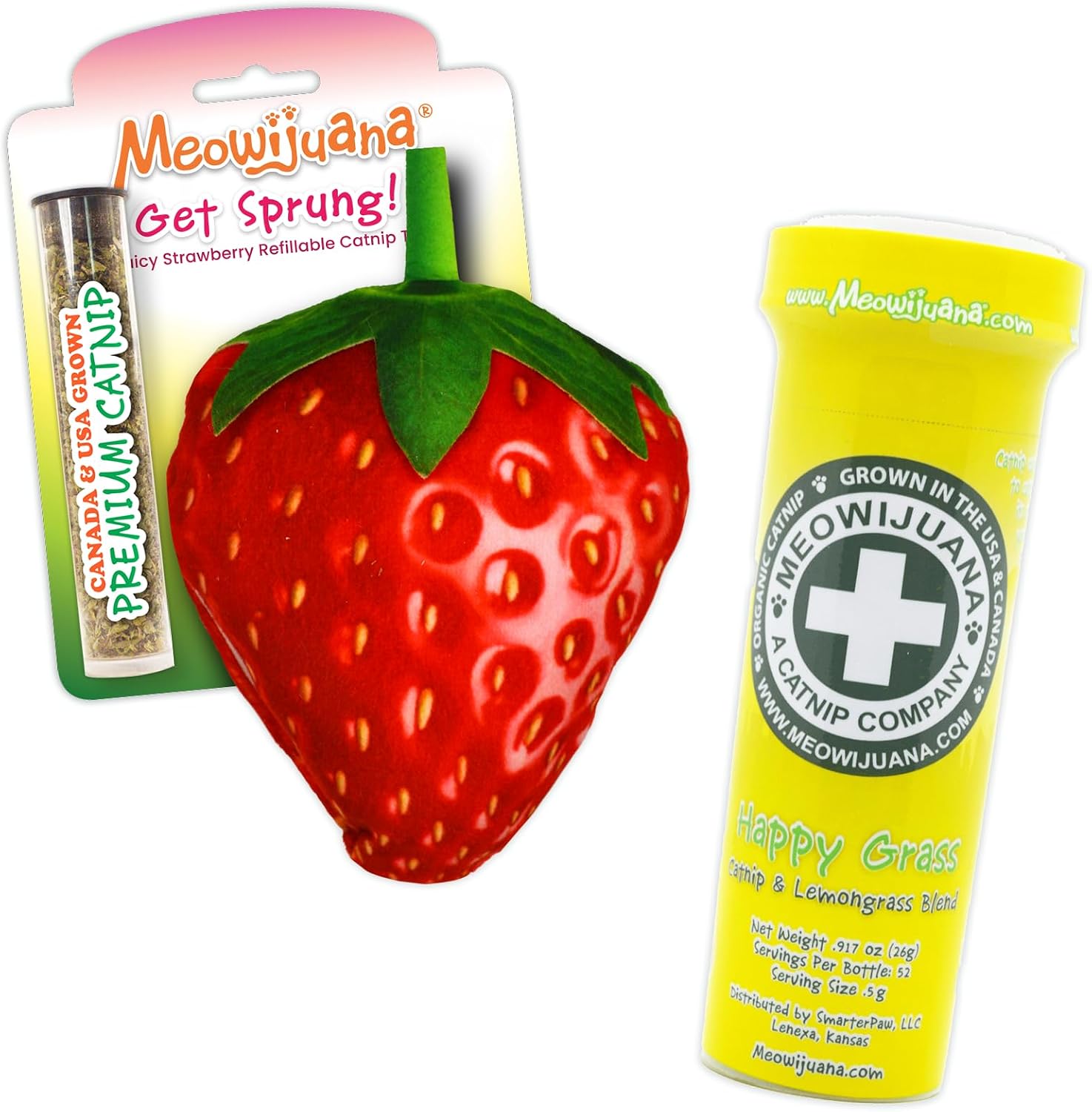 Meowijuana-Strawberry-Bundle-|-Get-Sprung-Refillable-Strawberry-Toy-and-Happy-Grass-Catnip-Blend-125