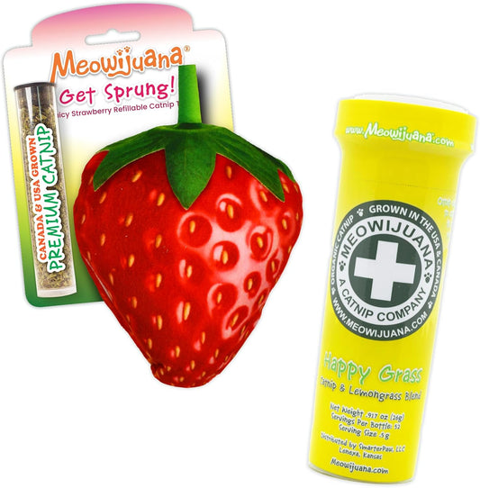 Meowijuana-Strawberry-Bundle-|-Get-Sprung-Refillable-Strawberry-Toy-and-Happy-Grass-Catnip-Blend-125