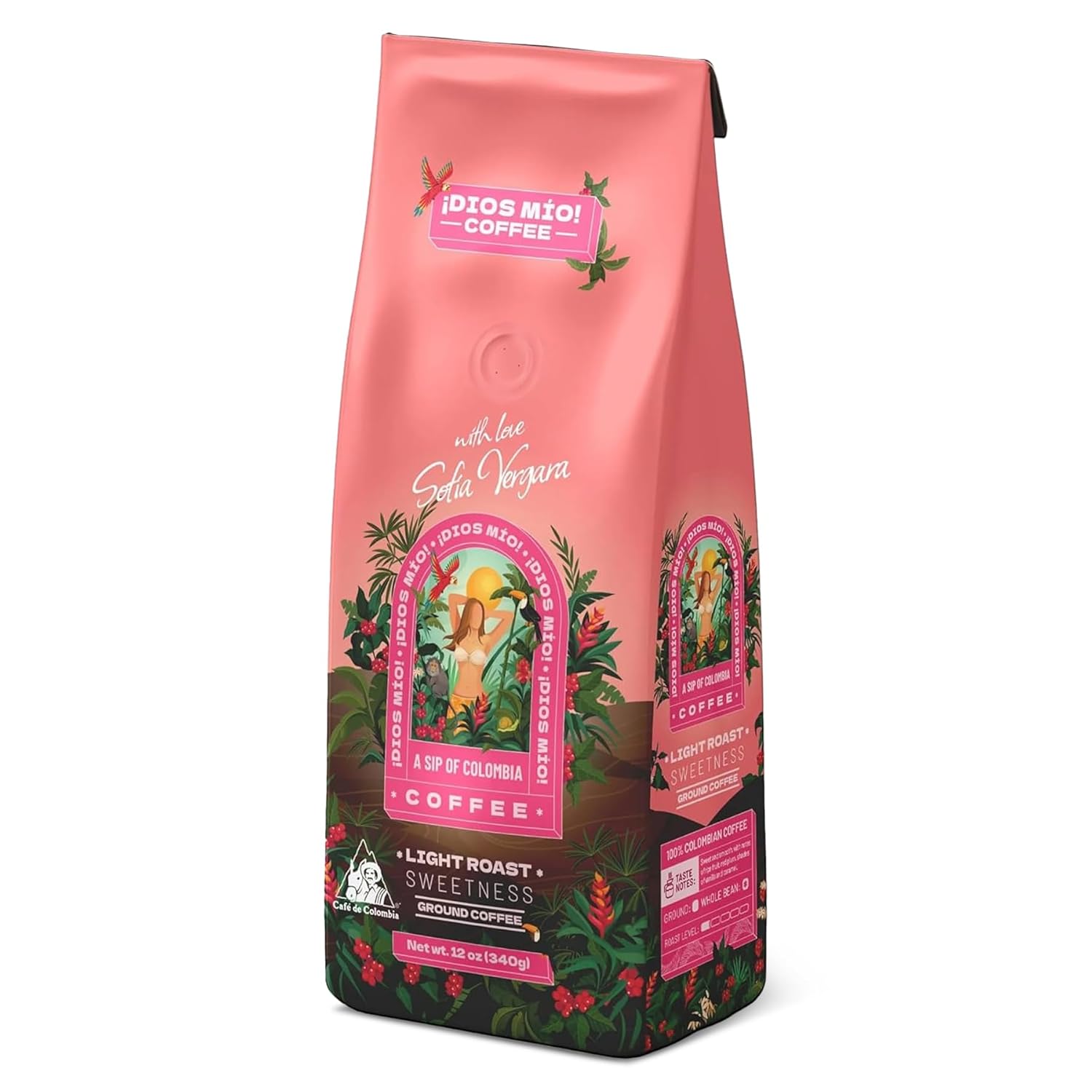 Dios-Mio-Coffee-by-Sofia-Vergara,-tostado-ligero,-café-colombiano-molido-bolsa1505