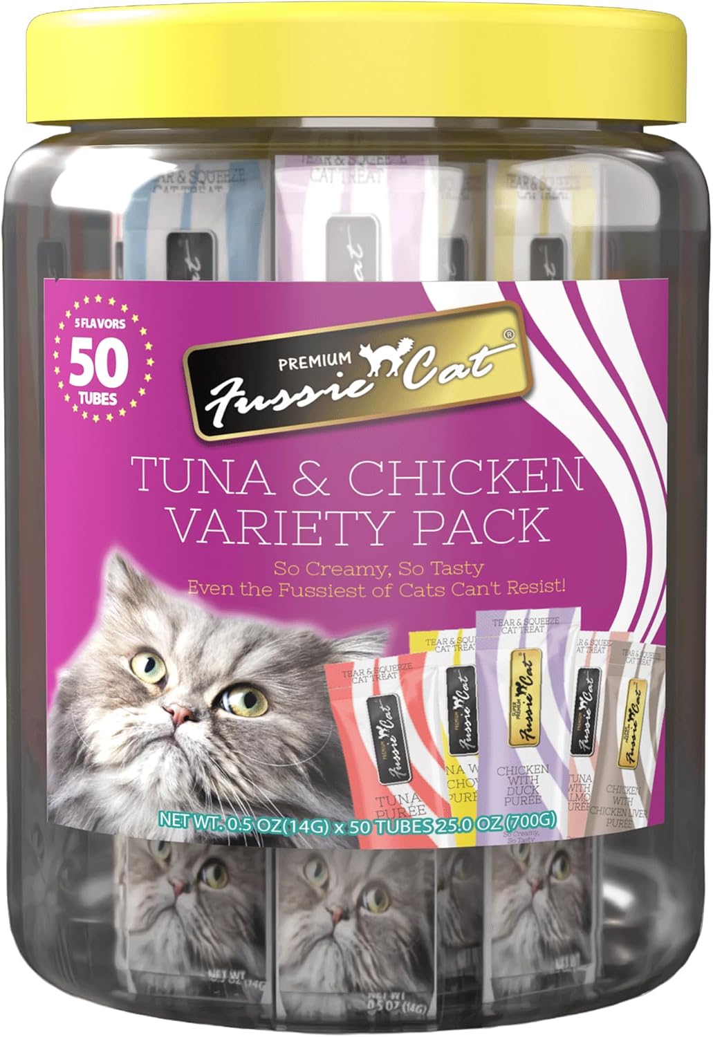 Fussie-Cat,-0.5-Ounces-Each,-50-Tubes,-Tuna-&-Chicken-Variety-5-Flavors--396