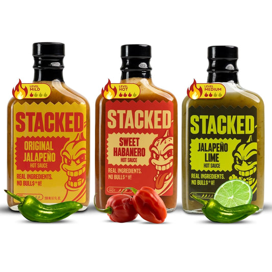 Stacked-Hot-Sauce-Variety-Pack---Original-Jalapeño,-Sweet-Habanero,-and-Jalapeño-907