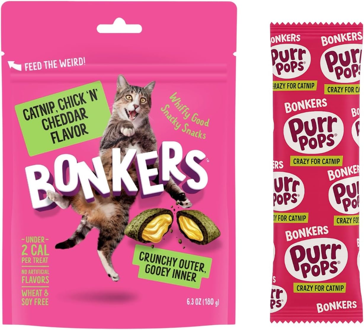 Bonkers-Cat-Treats,-Catnip-Chicken-&-Cheddar-Flavor,-Crunchy-&-Gooey,-6.3-oz-with-8