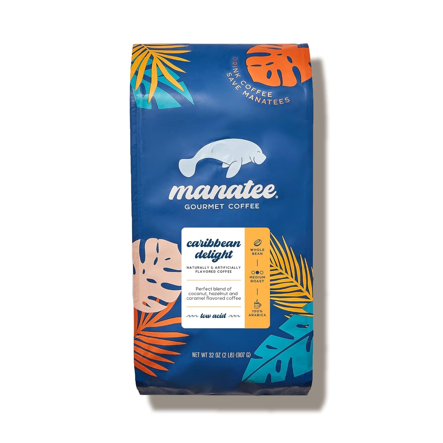 Manatee-Gourmet-Coffee,-grano-entero,-tostado-medio,-delicia-caribeña,-bolsa-de-libras,2823
