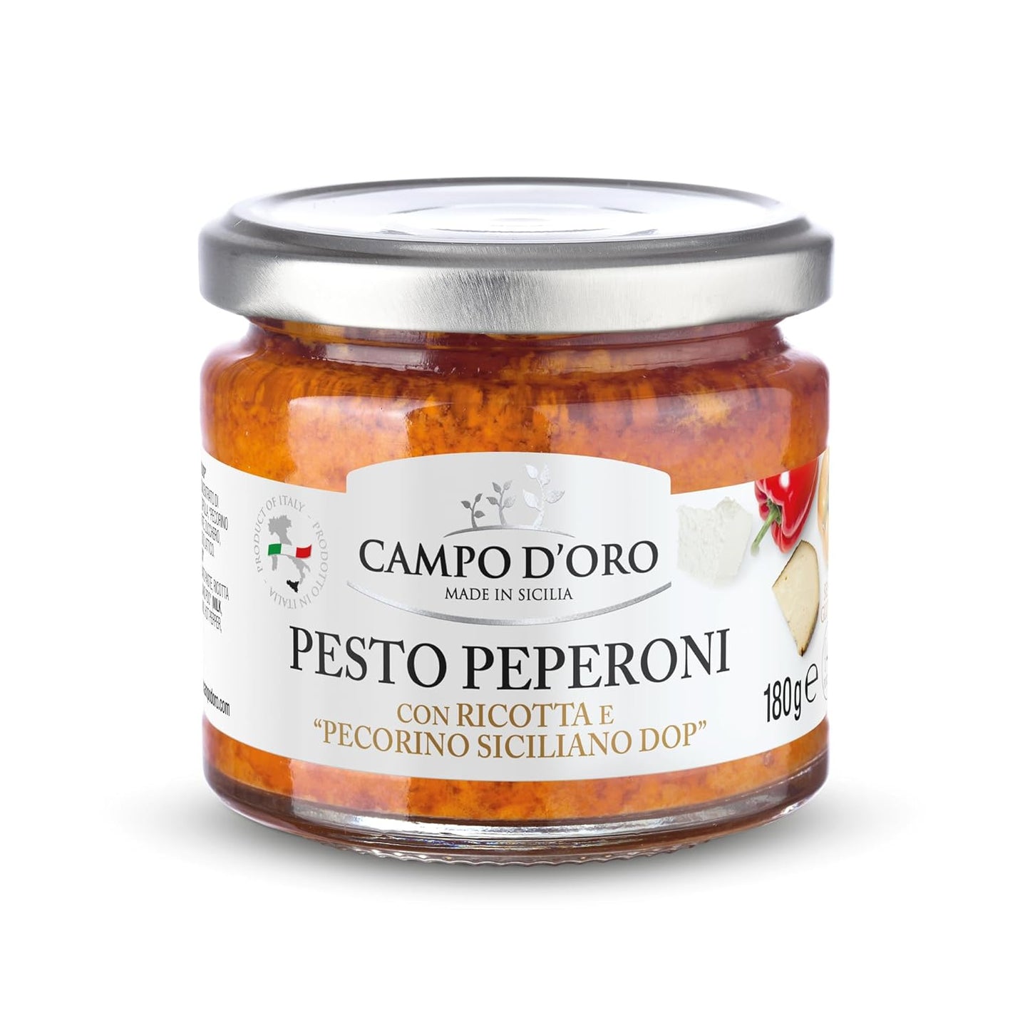 CAMPO-D'ORO---Sicilian-Pepper-Pesto-with-Ricotta-and-Pecorino,-Glass-Jar-717