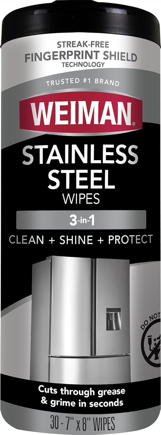 Weiman-Stainless-Steel-Cleaner,-30-Count-Wipes,-Anti-Fingerprint,-Removes-Grease,-Water-Spots,-Streaks-&-Residue,-2114