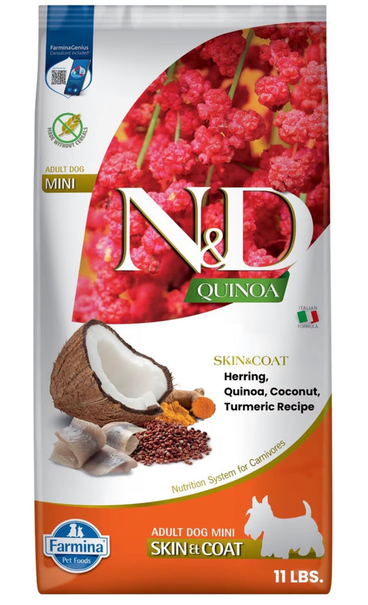 Farmina N&D Quinoa Adult Mini Skin & Coat Herring, Coconut & Turmeric Dry Dog Food, 11-lb bag