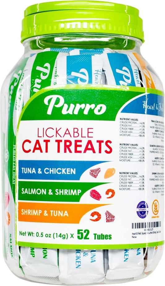 Heart-&-Field-Purro-Cat-Treats,-Squeezable-Lickable-Variety-Pack,-Tuna-Shrimp,-Salmon-Shrimp,-332