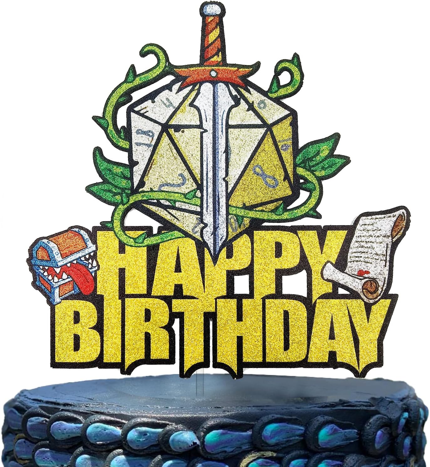 DnD-Cake-Topper,-Sword-&-D20-Dice-Cake-Decor,-Fantasy-Role-Playing-&-Player-Decoration-474