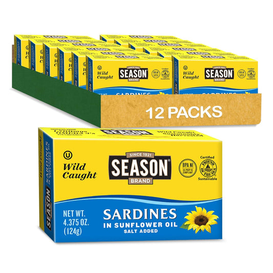 Season-Sardinas-en-aceite-de-girasol,-capturadas-en-la-naturaleza,-0.78-oz-proteína,-456