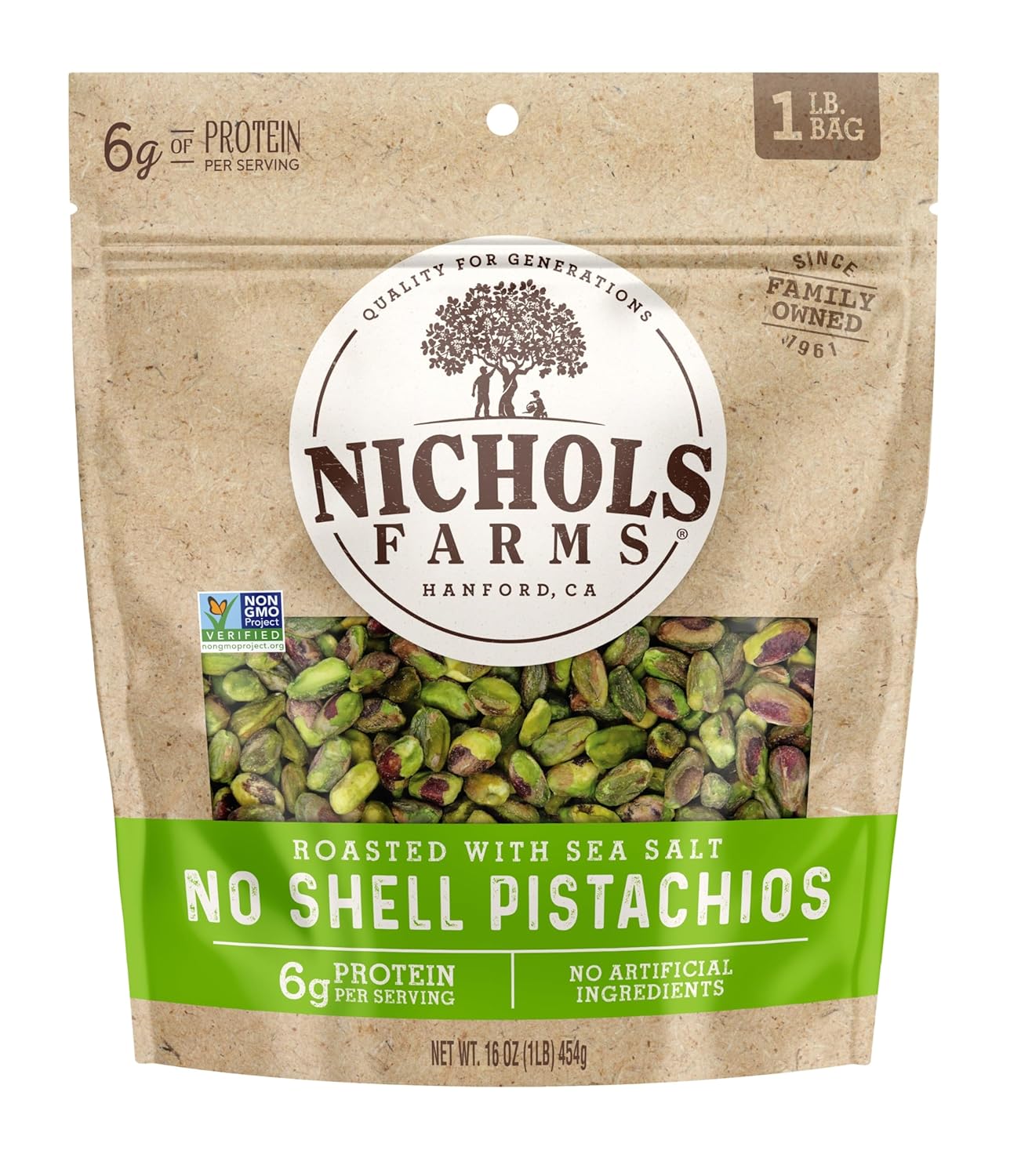 Nichols-Farms-No-Shell-California-Pistachios,-Healthy-Protein-Snack,-Roasted-with--Sea-Salt,-1LB--1154