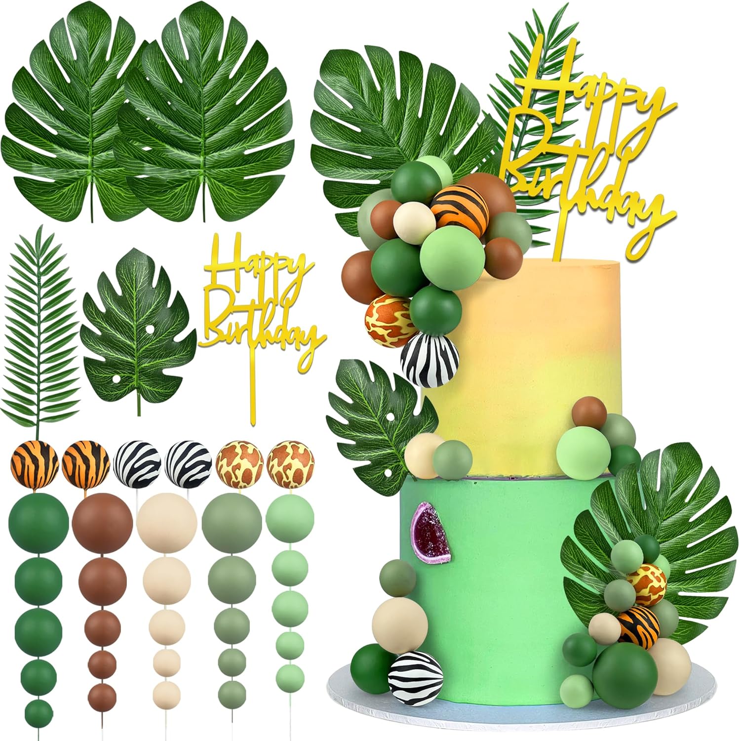 38pcs-Jungle-Safari-Animal-Cake-Topper-with-Palm-Leaves-and-Brown-Green-Decorative-for-1242