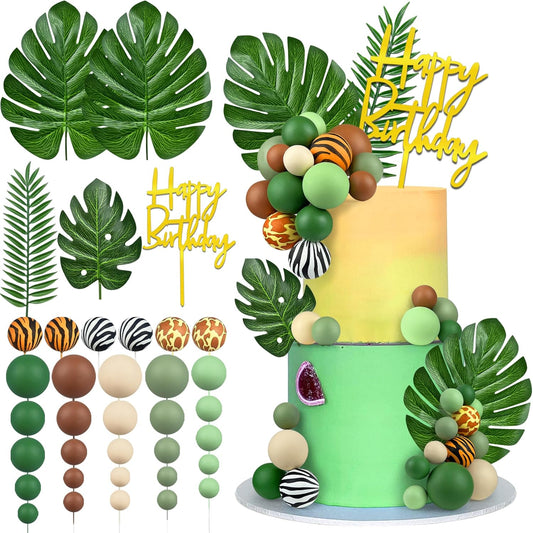 38pcs-Jungle-Safari-Animal-Cake-Topper-with-Palm-Leaves-and-Brown-Green-Decorative-for-1242