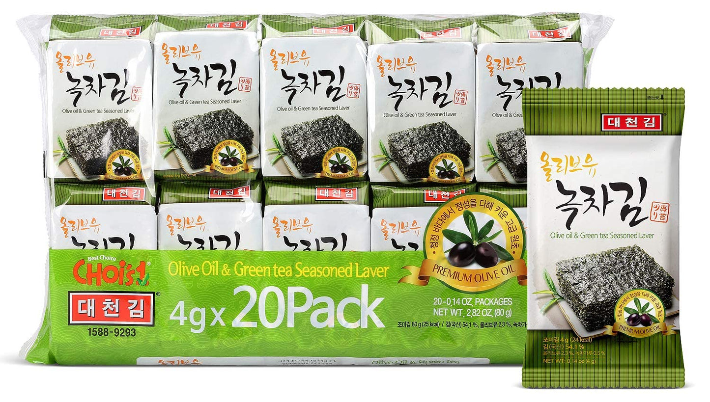 Daechun(Choi's1)-Seaweed-Snack,-(Pack-of-20),-Original,-Sea-Salt,-Green-Tea--Powder,-Product-of--1172