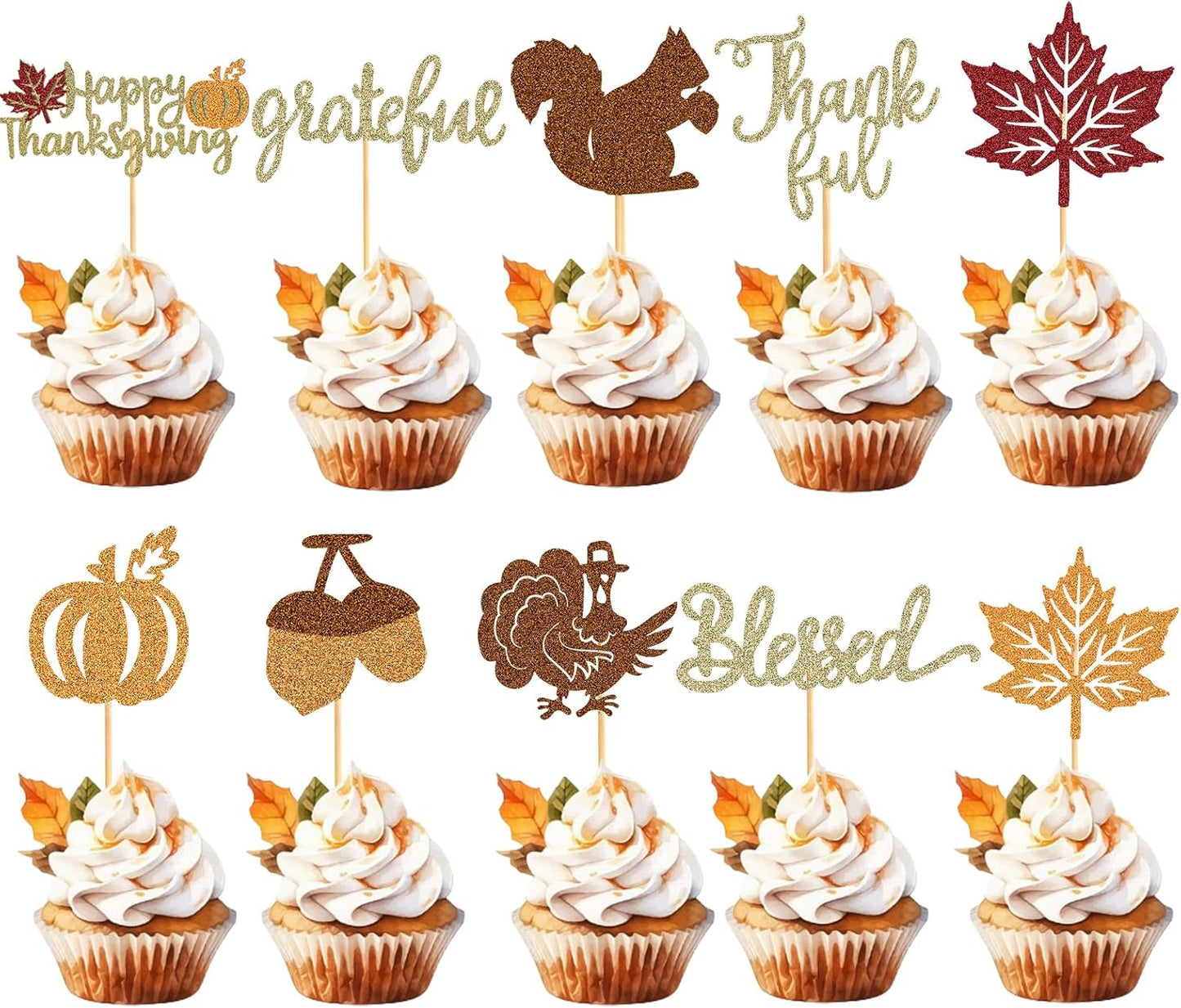 60Pcs-Happy-Thanksgiving-Cupcake-Toppers,Glitter-Turkey-Maple-2798
