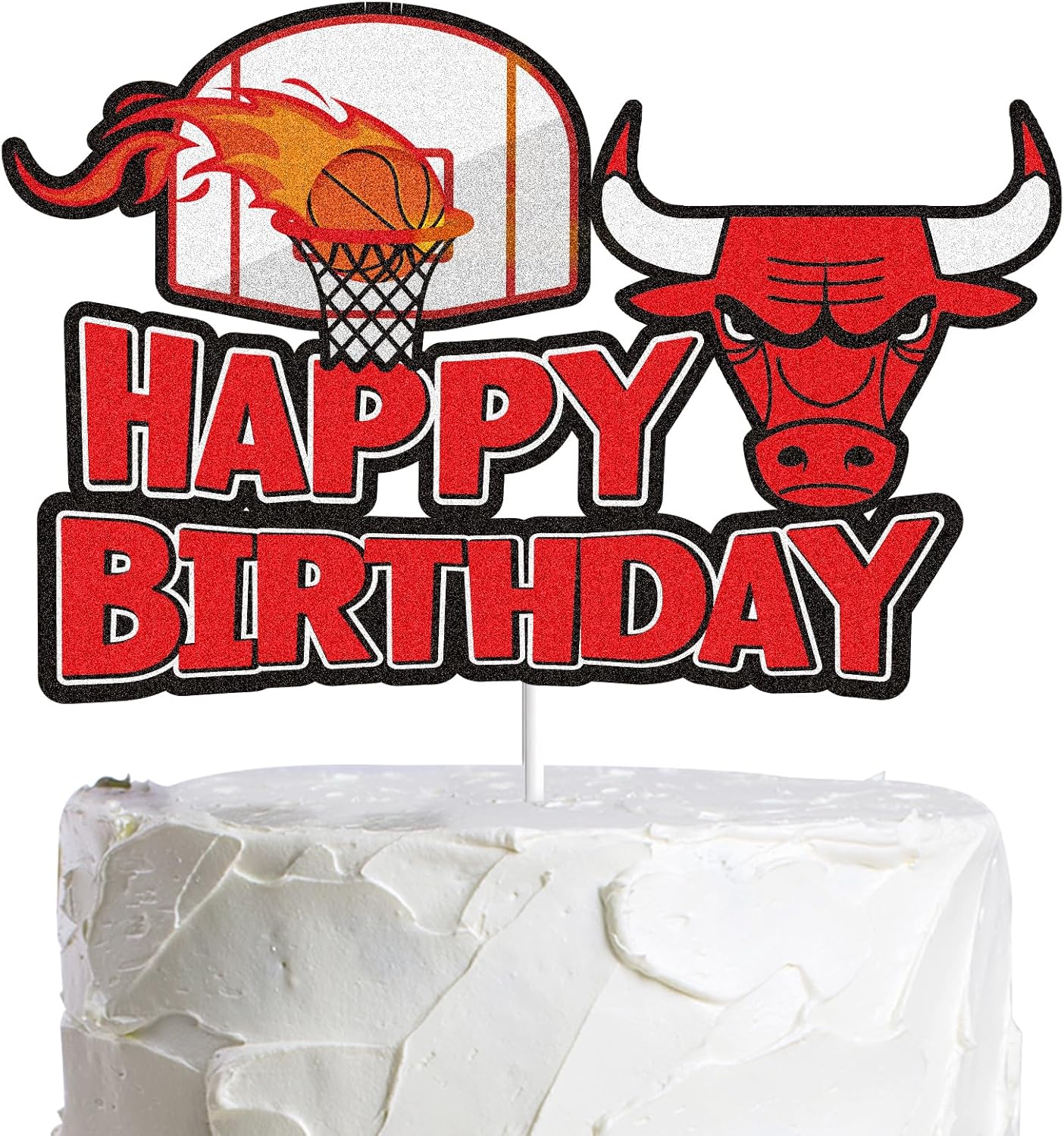 Bulls-Happy-Birthday-Cake-Topper-Basketball-Theme-Party-Supplies-Decorations-Red-Glitter-Party-for-6