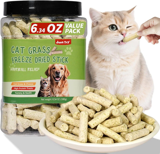 Just-Try-6.34OZ-Cat-Treats,-Freeze-Dried-Cat-Grass-Teething-Stick,Healthy-Treats-Topper,Hairball-T739