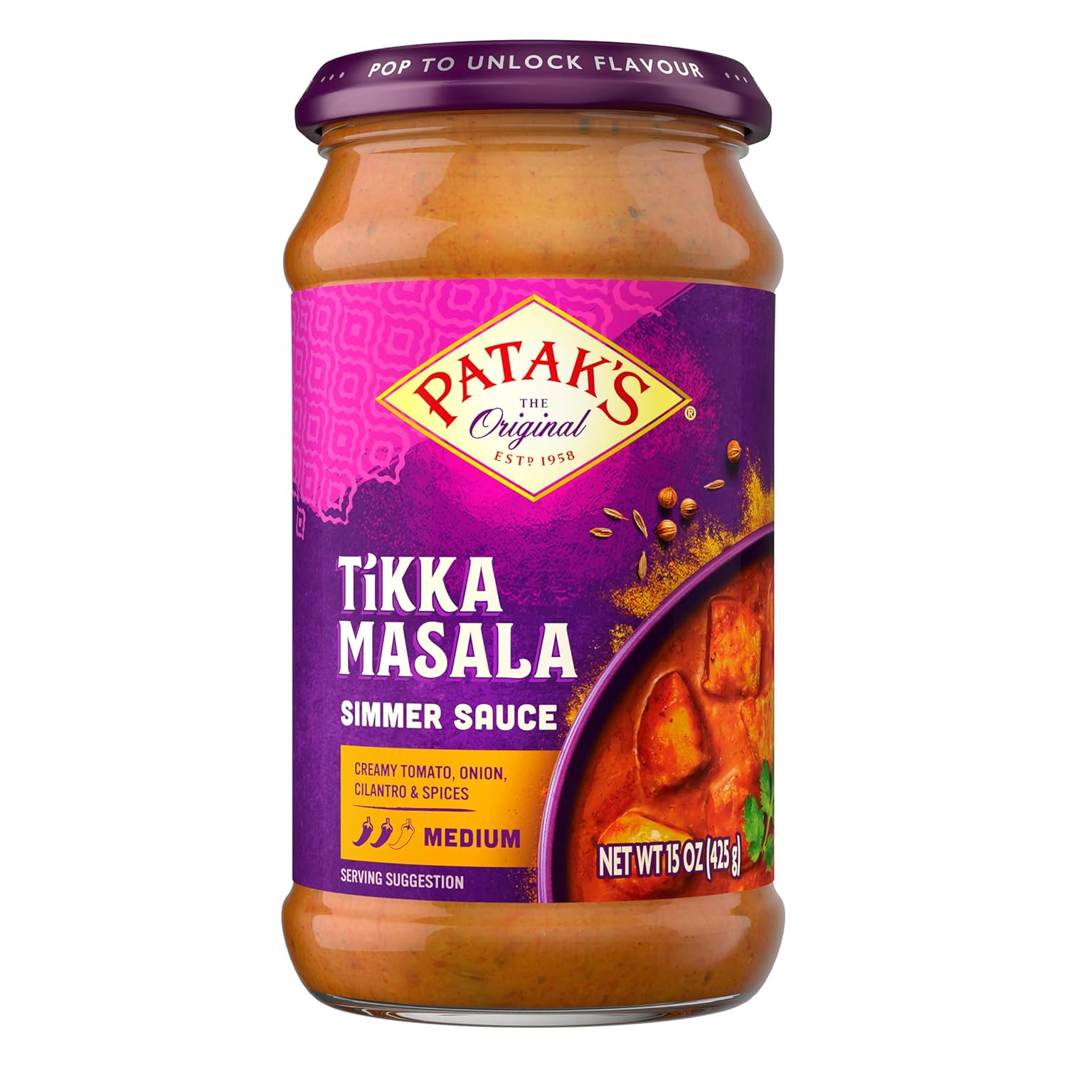Patak's-Tikka-Masala-Simmer-Sauce,-Medium-Spiced-Curry-with-Yogurt,-Tomatoes-&-Spices,-822