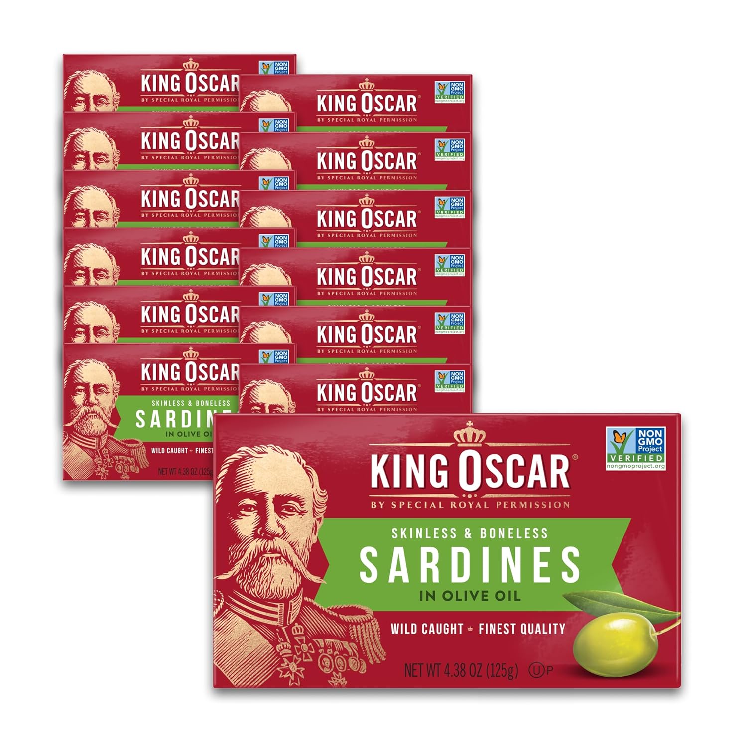 King-Oscar-Sardinas-en-aceite-de-oliva,-latas-de-4.38-onzas-(paquete-12,-1420
