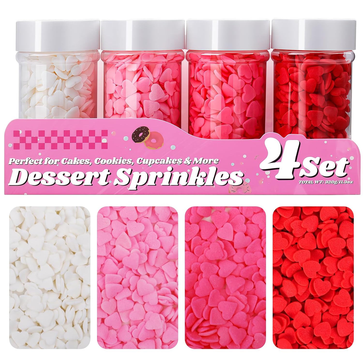 Valentines-Sprinkles,-11.3oz-Edible-Pink-White-Red-Heart-Sprinkles,-4-Jar-Gift-Valentines-Baking-1619