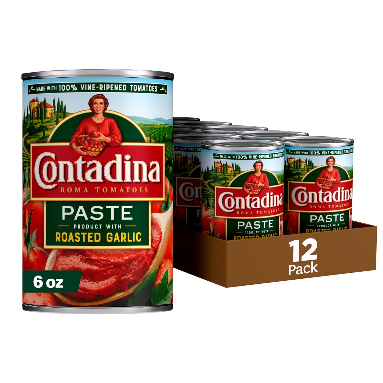 Contadina-Tomato-Paste-with-Roasted-Garlic,-12-Pack,-6-oz-Can,Red---711