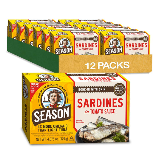 Season-Sardinas-en-salsa-de-tomate,-capturadas-en-la-naturaleza,-0.78-oz-proteína,-1155