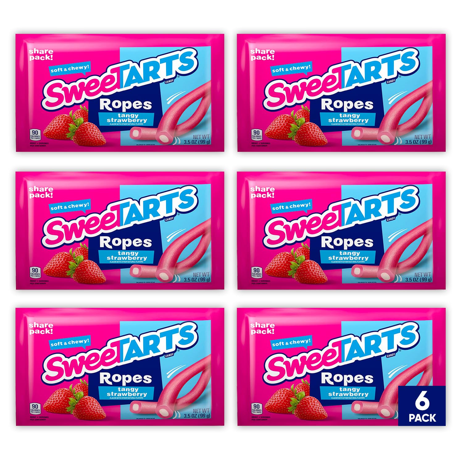 Sweet Tarts Ropes Candy Bulk - 6-Pack of 3.5oz Bags - Tangy Strawberry ...