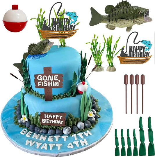 Gone-Fishing-Happy-Birthday-Cake-Topper,-17Pcs-Fisherman-Themed-Decoration-for-Retirement-Supplies---250