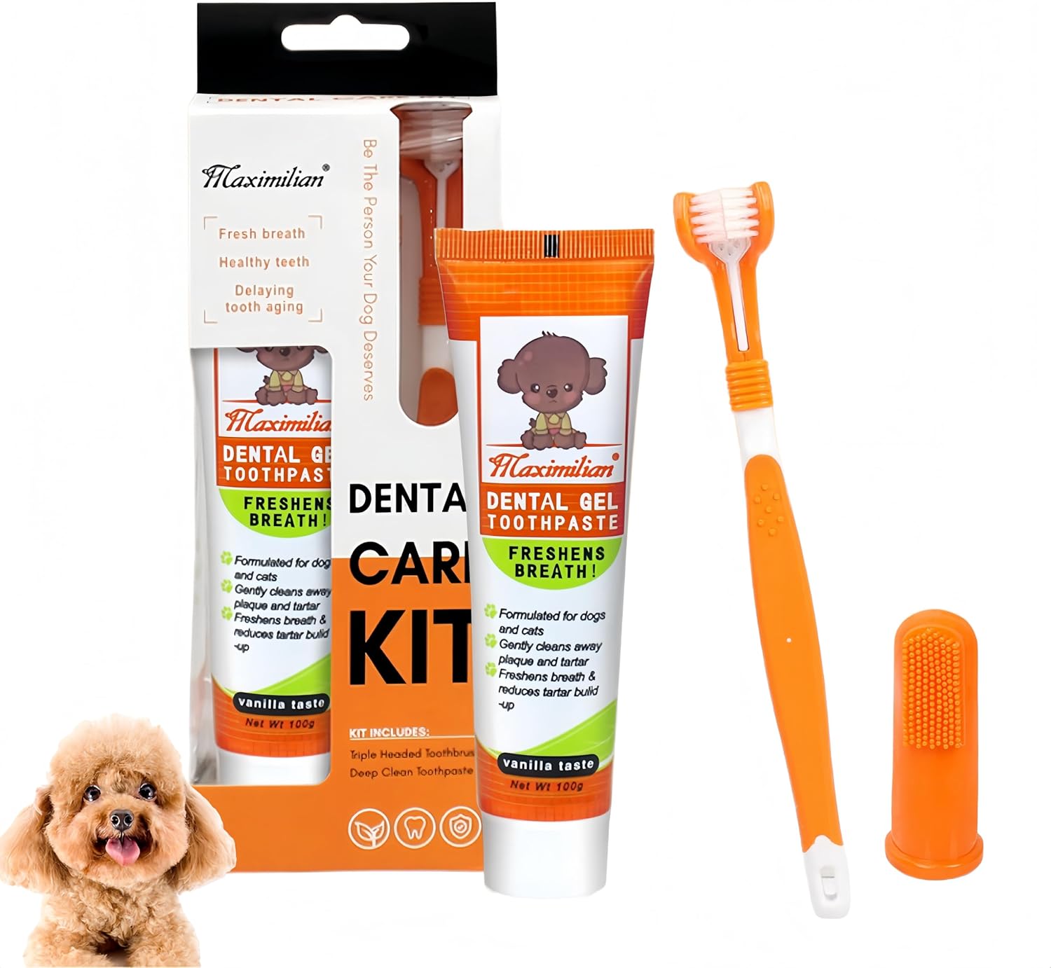 Dog-&-Cat-Toothpaste-Kit-with-Toothbrush-&-Finger-Brush,-Vanilla,-100g-|-1315