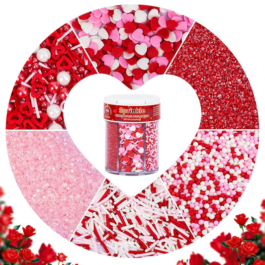 Valentine-Edible-Heart-Sprinkles-for-Cake-Decorating,6-Cell-6.7oz,Red-Pink-and-White-Sugar-Jimmies---1180