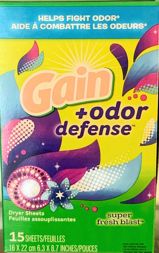 Gain-+-Odor-Defense-Super-Fresh-Blast-Dryer-Sheets,-15-Count-(Pack-45