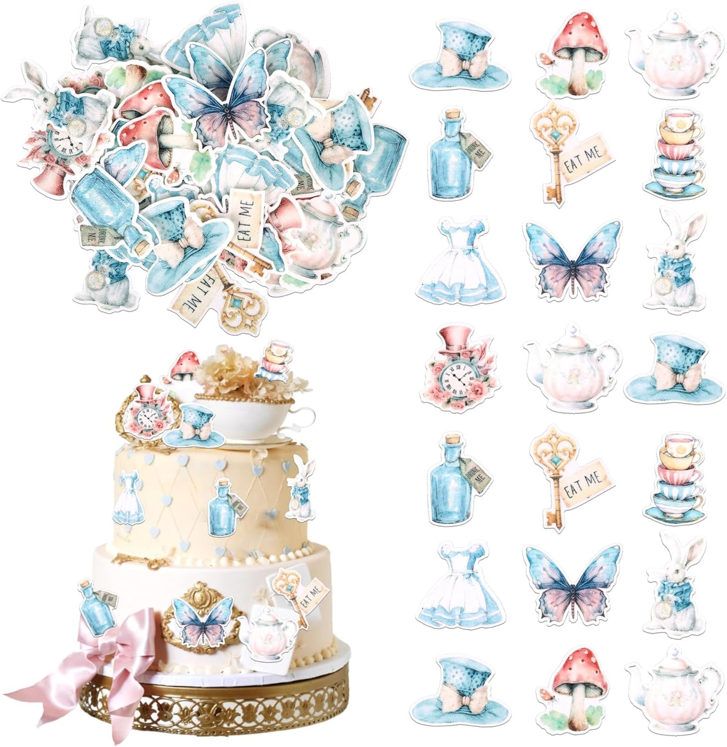 60-PCS-Edible-Alice-in-Wonderland-Cupcake-Toppers-Tea-Party-Cake-Decorations-Butterfly-Bowl-243