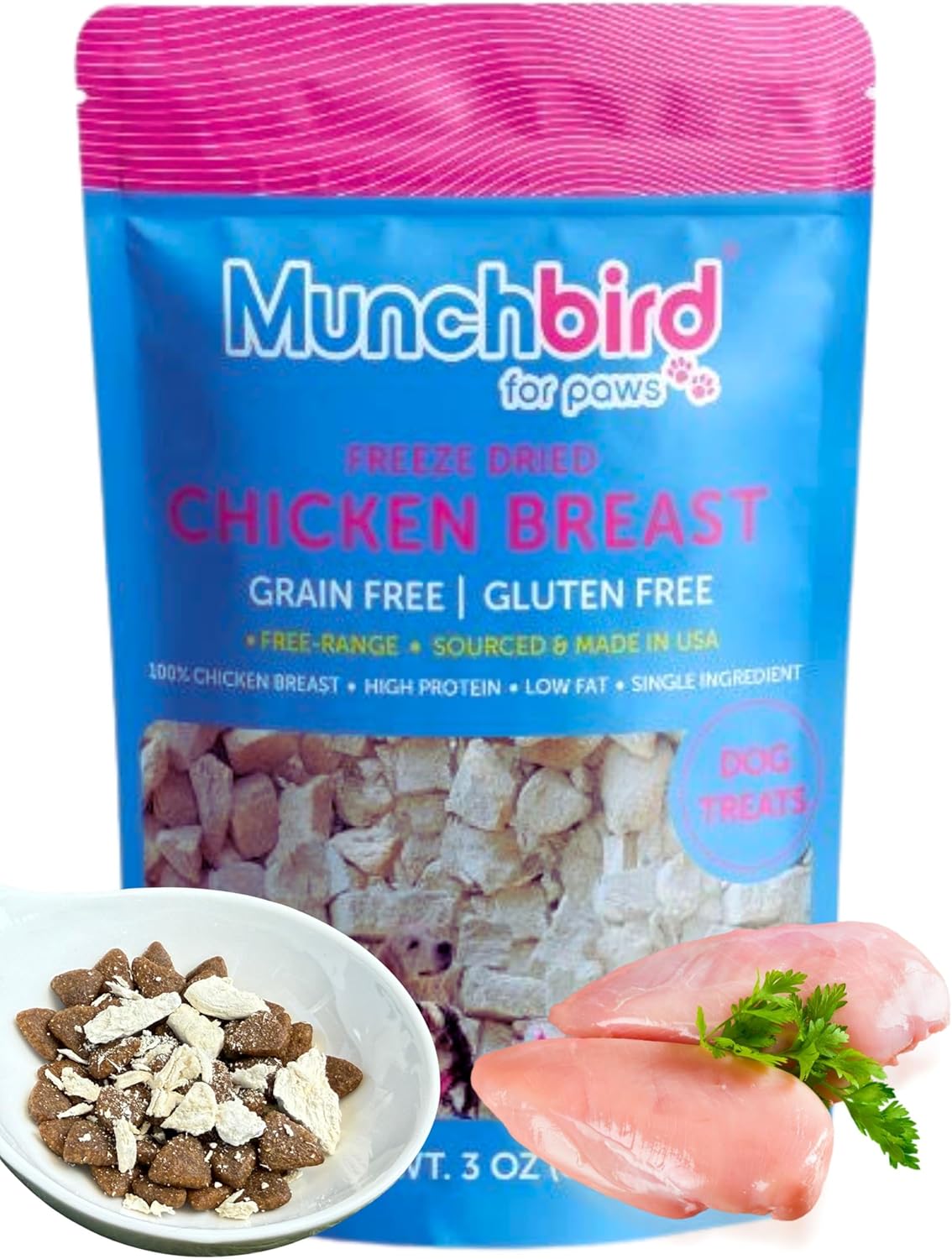 Munchbird-USA-Free-Range-Human-Grade-Chicken-Breast-Food-Topper-for-Dogs,-Freeze-Dried,-206