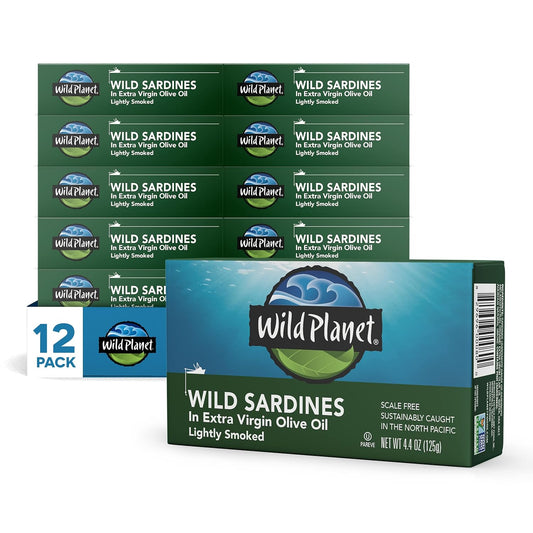 Wild-Planet-Wild-Sardines-in-Extra-Virgin-Olive-Oil,-Lightly-Smoked,-Tinned-Fish,-843