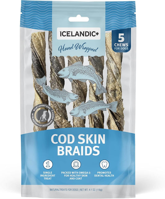 Icelandic+-Cod-Skin-Braids---5-Pack---Dog-Treat-Chews,-Sticks,-395