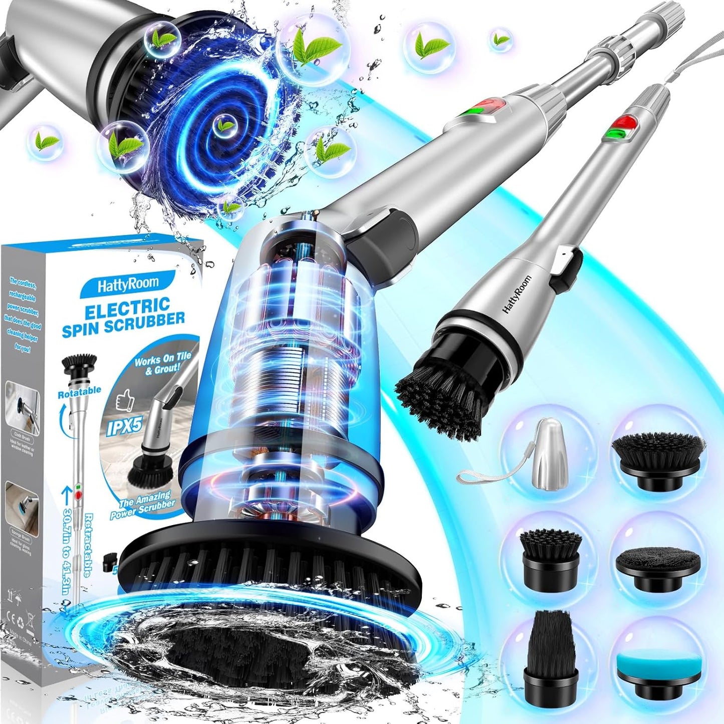 Rechargeable-Cordless-Electric-Spin-Scrubber-with-5-Cleaning-Brush-Heads,-805