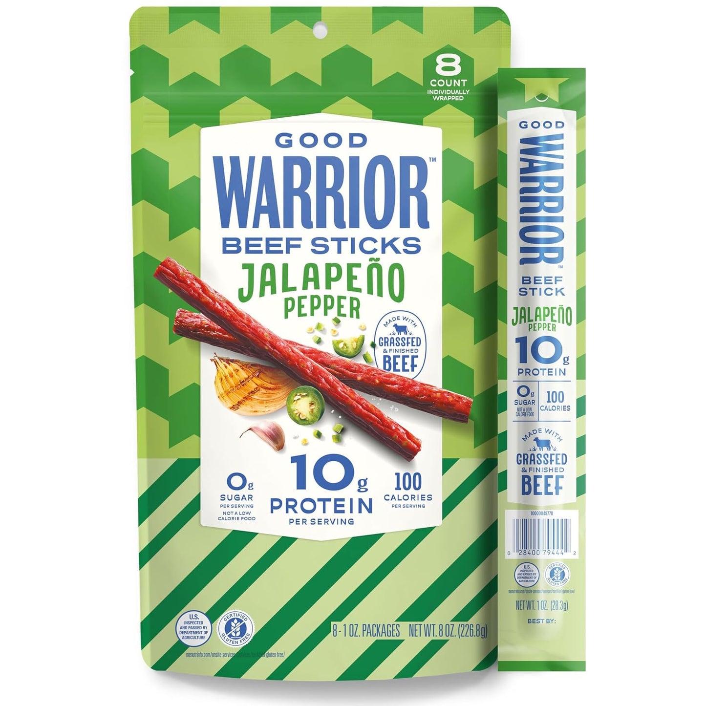 Good-Warrior-Beef-Sticks,-Jalapeno-Pepper,-1-oz-Sticks-(8-Count),--10g-Protein,-100-0g-1355