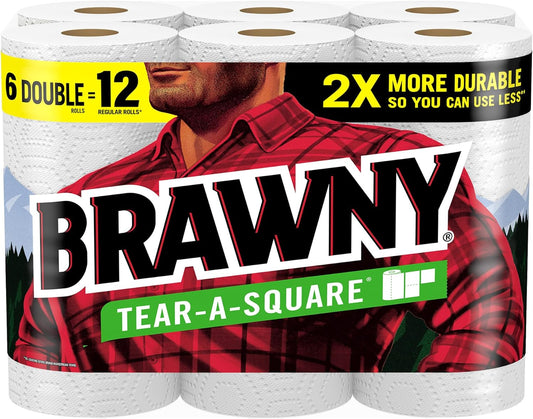 Brawny-Tear-A-Square-Paper-Towels,-6-Double-Rolls-=-12-Regular-Rolls,-3-Sheet-Sizes-(Quarter,-1135