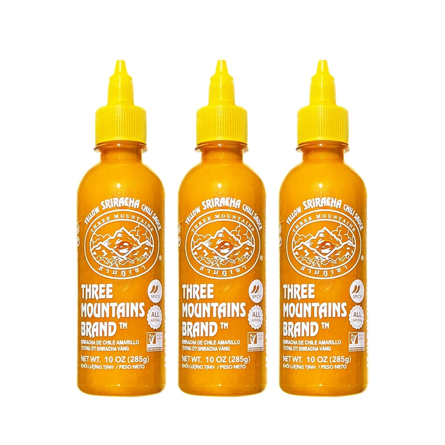 Three-Mountains-Brand,-Yellow-Sriracha-Chili-Sauce,-10-Oz.,-Pack-of-3,-1050