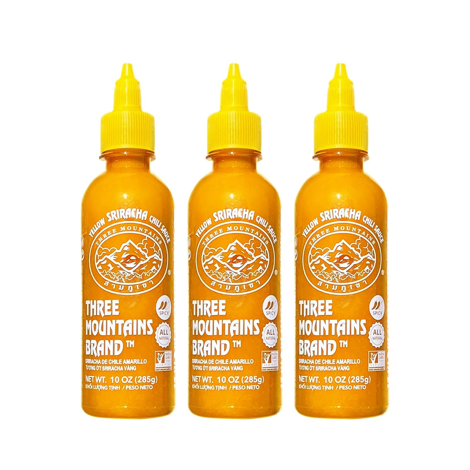Three-Mountains-Brand,-Yellow-Sriracha-Chili-Sauce,-10-Oz.,-Pack-of-3,-1050